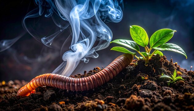 A symbolic conceptual image featuring a millipede crawling through dark soil next to a small green plant with rising wisps of white smoke.