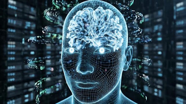 A futuristic visualization depicts a human head constructed from a glowing wireframe, overlaid with binary code, symbolizing artificial intelligence and the digital mind.