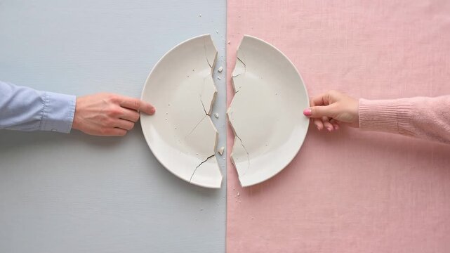 Hands holding pieces of a broken ceramic plate in close-up, shattered white dish, fragility, accident, misfortune, bad luck and delicate repair concept for storytelling
