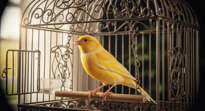 Yellow canary bird in a black metal cage