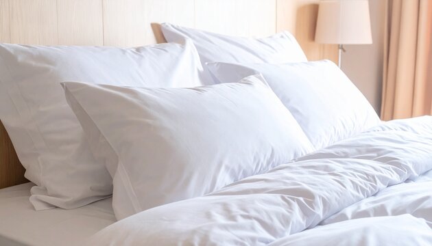 A luxurious and comfortable white bed with soft pillows in a modern hotel bedroom setting featuring bright natural lighting for relaxation.