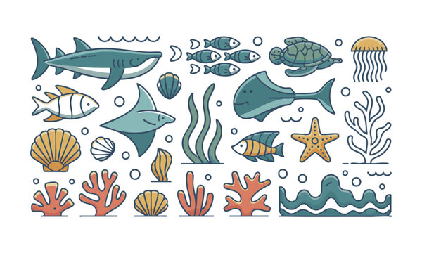 Ocean wildlife outline icons vector underwater marine collection.