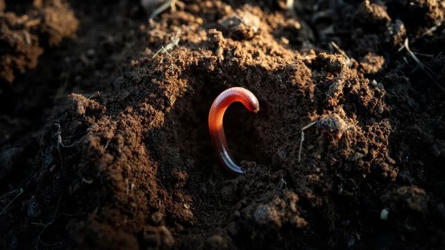 Close-up of a red earthworm emerging from rich moist soil in warm golden sunlight, detailed animal texture, garden ecosystem and natural underground life and spring gardening