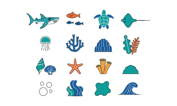 Underwater elements line icon pack vector marine ocean collection.