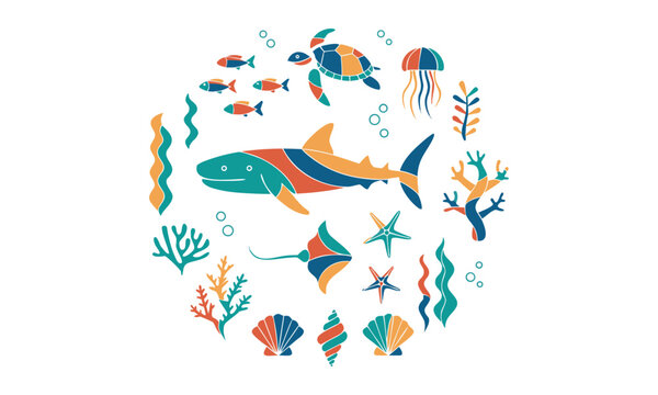 Sea creatures line icons vector pack underwater marine elements.