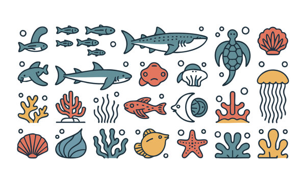 Ocean line icons vector set underwater marine elements collection.