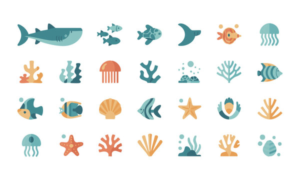 Marine life minimal icons vector set underwater ocean elements.