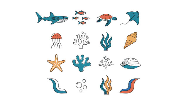 Underwater icon set vector marine elements ocean life collection