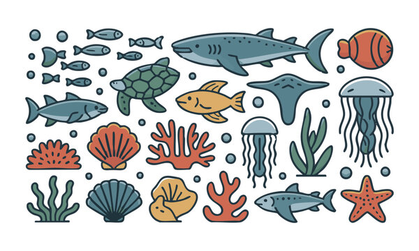 Marine outline icons vector set underwater ocean elements collection.