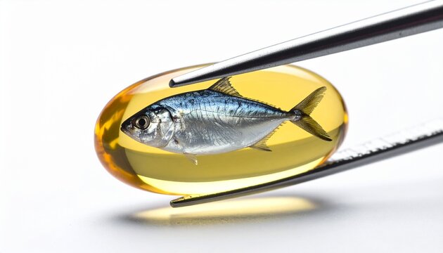 A small silver fish inside a transparent yellow gel capsule held by metal tweezers representing natural fish oil omega three health supplement.