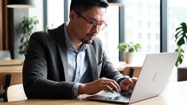 A focused businessman wearing glasses works on a laptop computer at a wooden table in a modern office setting, concentrating on his work