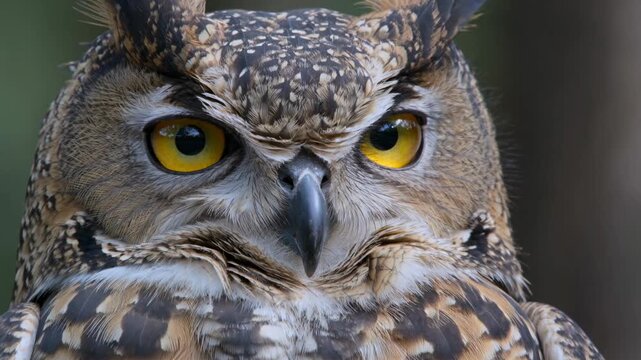 Close-up of a majestic owl with piercing yellow eyes, showcasing its intricate feather patterns and intense gaze