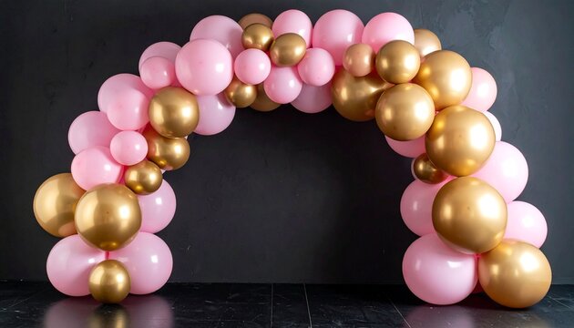 A festive balloon arch decoration featuring metallic gold and soft pink balloons set against a dark textured studio background wall.