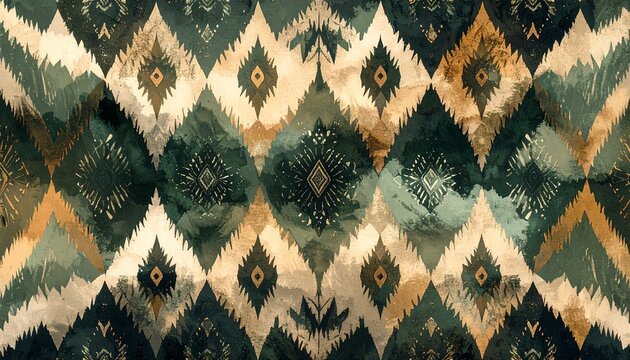 A decorative tribal pattern featuring elegant diamond shapes in dark green and warm gold tones with a rustic watercolor texture background.