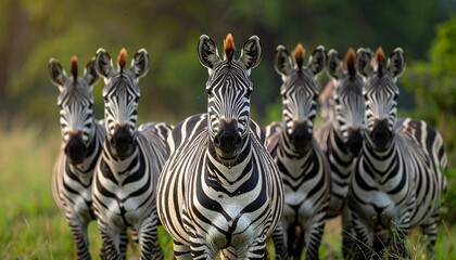 Obraz premium A captivating group of wild zebras standing together in a lush green savannah landscape showcasing their iconic black and white striped patterns.