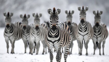 Obraz premium A group of zebras standing together in a snowy field during winter with the focus on the zebra in the foreground looking at the camera.