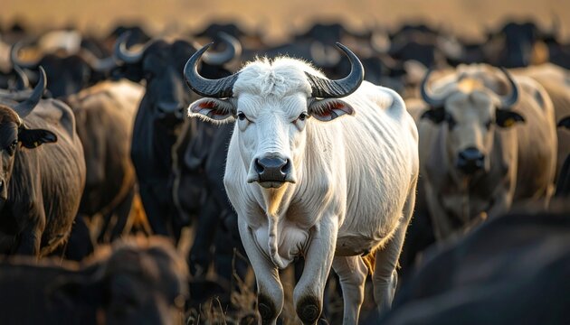 A striking white buffalo standing in the middle of a dark herd during the golden hour in the wild African savannah wilderness landscape.