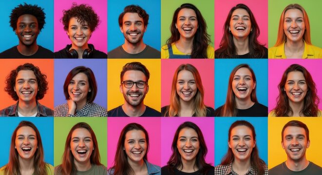Diverse group of smiling people are displayed in a colorful grid of individual portraits.