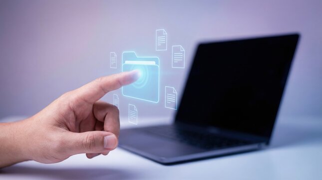 Cloud service for digital document management allows easy storage transfer of files with secure access on laptop screen