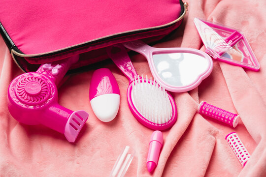 Pink pretend play hairdresser set with toy cosmetic tools
