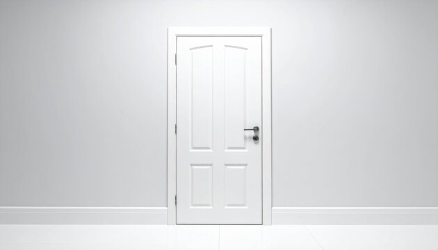 A minimalist view of a classic white closed door centered on a clean white wall representing new beginnings and opportunity in modern interior.