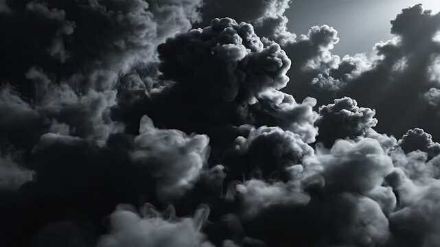Dramatic monochrome image of fluffy, billowing clouds filling the frame, creating a moody and atmospheric scene with a sense of depth and texture