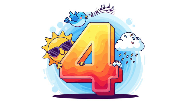 Number 4 with Sun, Bird, Rain Cloud, Music Notes & Bubbles - Fun Illustration