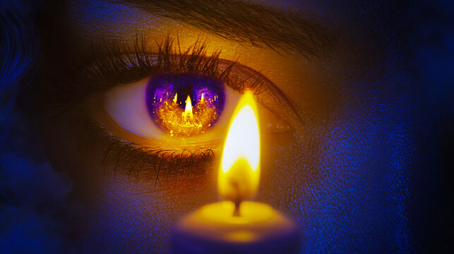 Person's eye reflecting vibrant candle flame in dark mystical setting