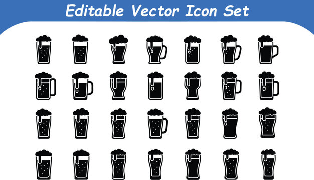 Editable vector icon set of black beer mugs and pint glasses with foam heads