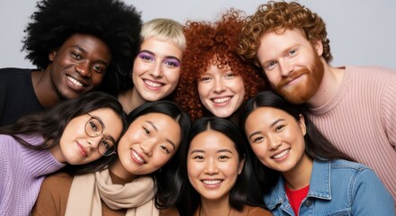 Fototapeta premium Diverse group of young adults smile together in a portrait.