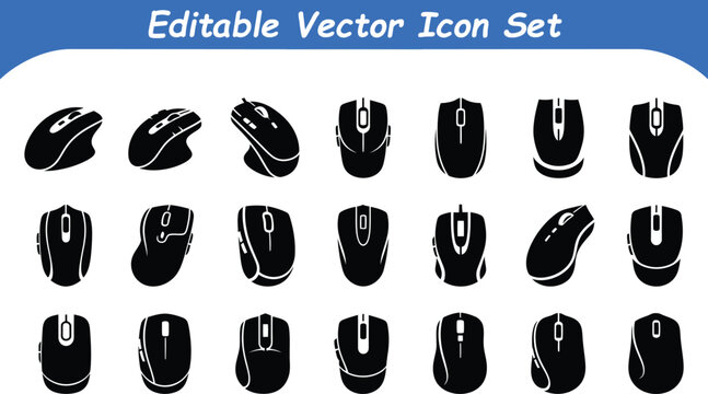 Computer mouse peripheral device icons silhouette set with computer, peripheral