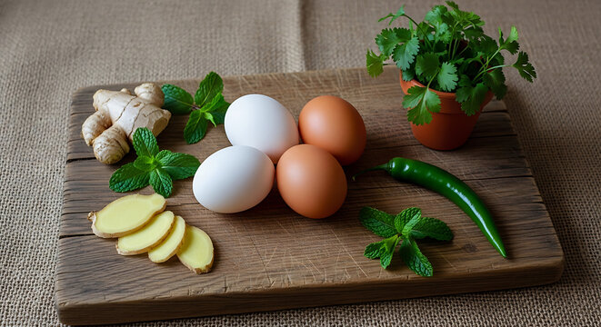 A wooden cutting board with eggs, ginger, mint, chili pepper, and herbs on a burlap surface