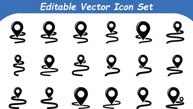 Map location pointer and route path icons set with location, navigation
