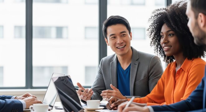 Professional business team discusses project ideas during a collaborative meeting in a modern office.