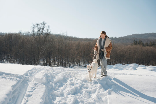 Woman walking Akita puppy in snowy winter landscape
