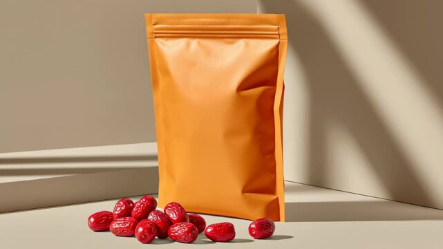 Orange packaging bag positioned on a beige surface with scattered red candies, showcasing the gradual shift in arrangement and perspective across the frames
