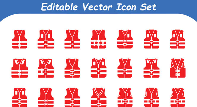Collection of red life vest icons with buoyancy swimming wearable equipment