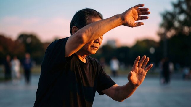 Focused senior Asian man practicing tai chi outdoors at sunset for healthy active aging concepts