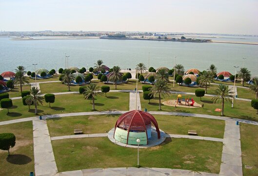 Vintage aerial photograph of a seaside park and promenade in Dammam, Saudi Arabia, shot in 2010