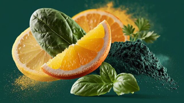 Fresh citrus slices, vibrant green spinach leaves, and spirulina powder arranged artistically on a dark green background, showcasing healthy ingredients for nutrition and wellness