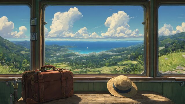 Anime style illustration framed by a train window looking out over a magnificent expansive coastal valley rolling down toward a sparkling blue ocean under bright summer clouds. A weathered