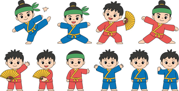 Set of cute cartoon martial arts boys in blue and red kimonos featuring karate poses and fan dance
