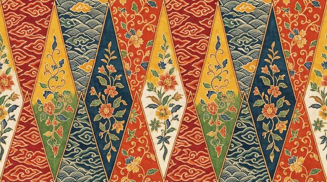 Colorful traditional Indonesian batik pattern featuring floral and geometric motifs for cultural design projects