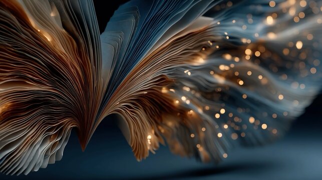 Abstract wings made from layered book pages and soft glowing light representing freedom through education, empowerment and intellectual growth via learning,