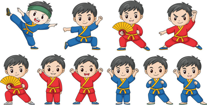 Set of cute cartoon martial arts boys in blue and red kimonos featuring karate poses and fan dance