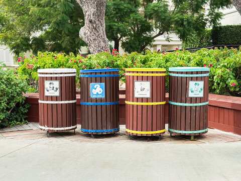 Outdoor recycling bins for sorting garbage in public park