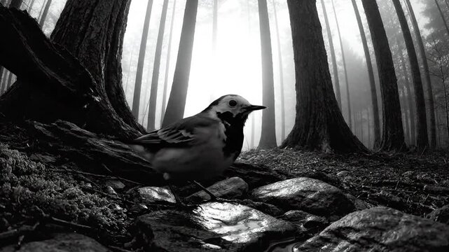 Black and white portrait of a bird in a foggy forest with sunshine and natural environment