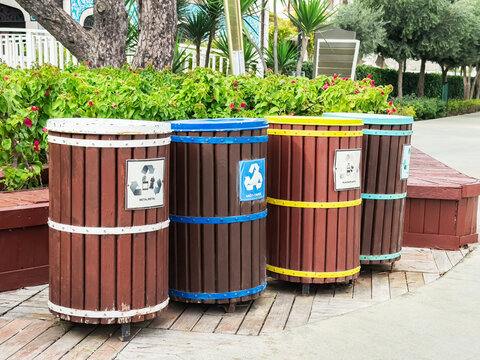 Outdoor recycling bins for sorting garbage in public park