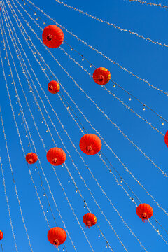 Red lanterns and string lights for Chinese New Year