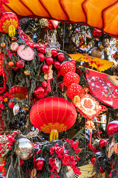 Chinese New Year lanterns and festive ornaments outdoors